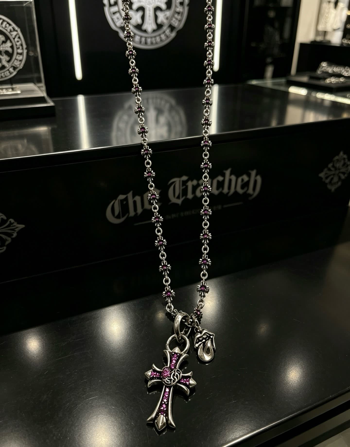 Chrome Hearts Black Cross Necklace with Pink Stones